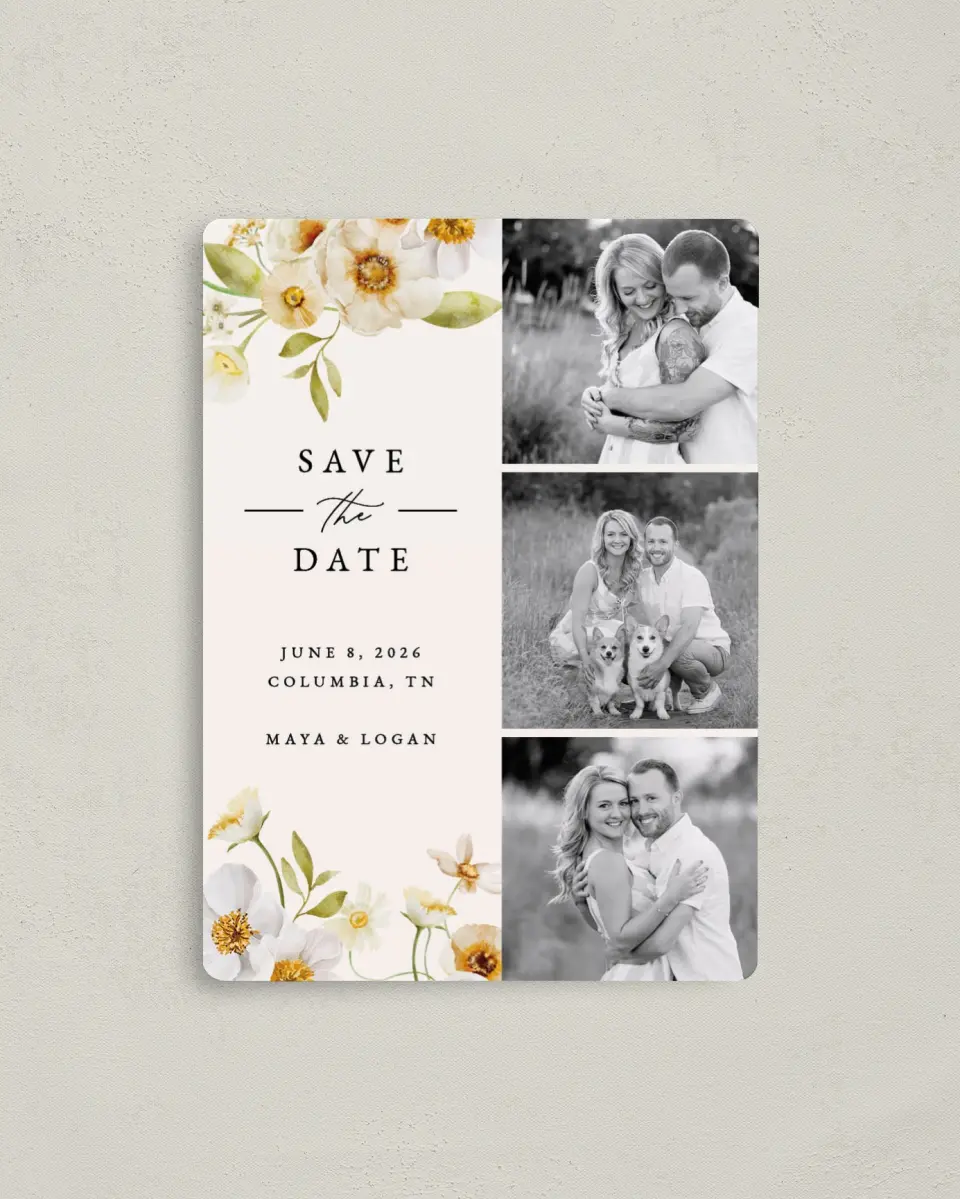 This is a 4" x 5½" Save the Date Magnet called Charming Cosmos printed in full color with a Luxe Satin finish