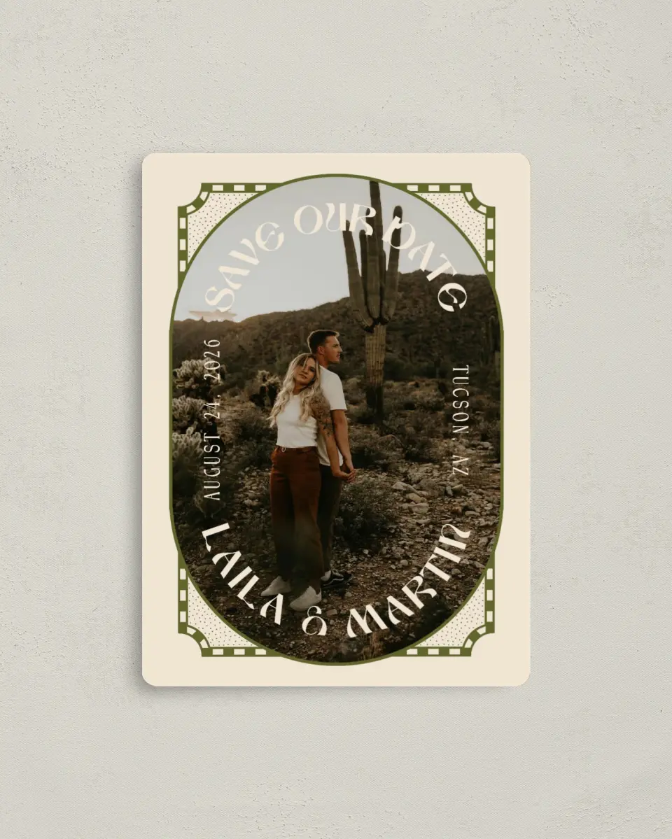 This is a 4" x 5½" Save the Date Magnet called Desert Funk printed in full color with a Luxe Satin finish