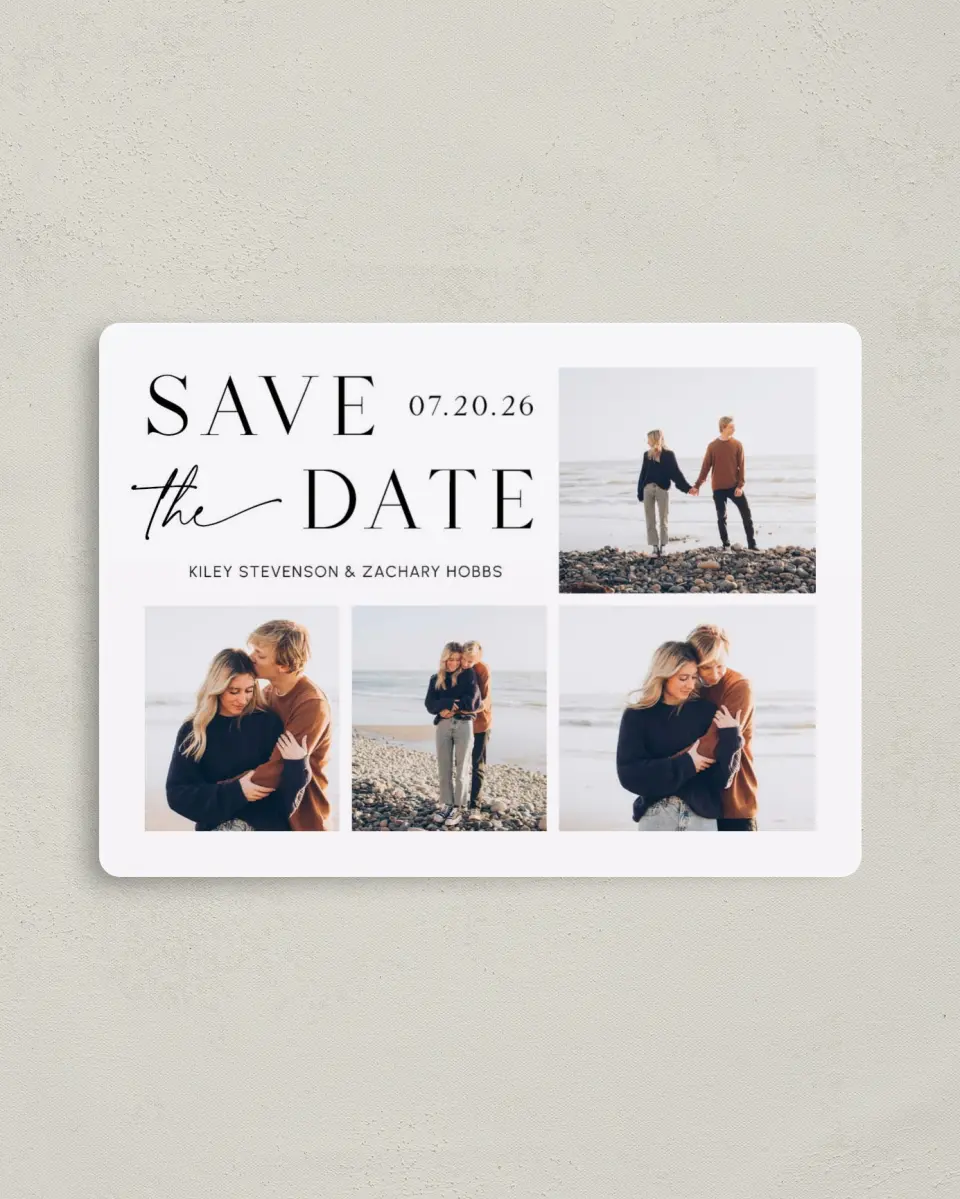 This is a 4" x 5½" Save the Date Magnet called Picturesque printed in full color with a Luxe Satin finish