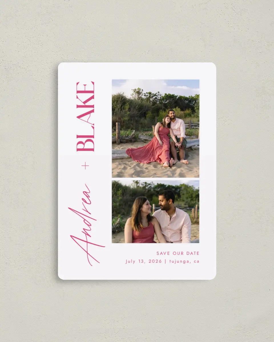This is a 4" x 5½" Save the Date Magnet called The Andrea printed in full color with a Luxe Satin finish