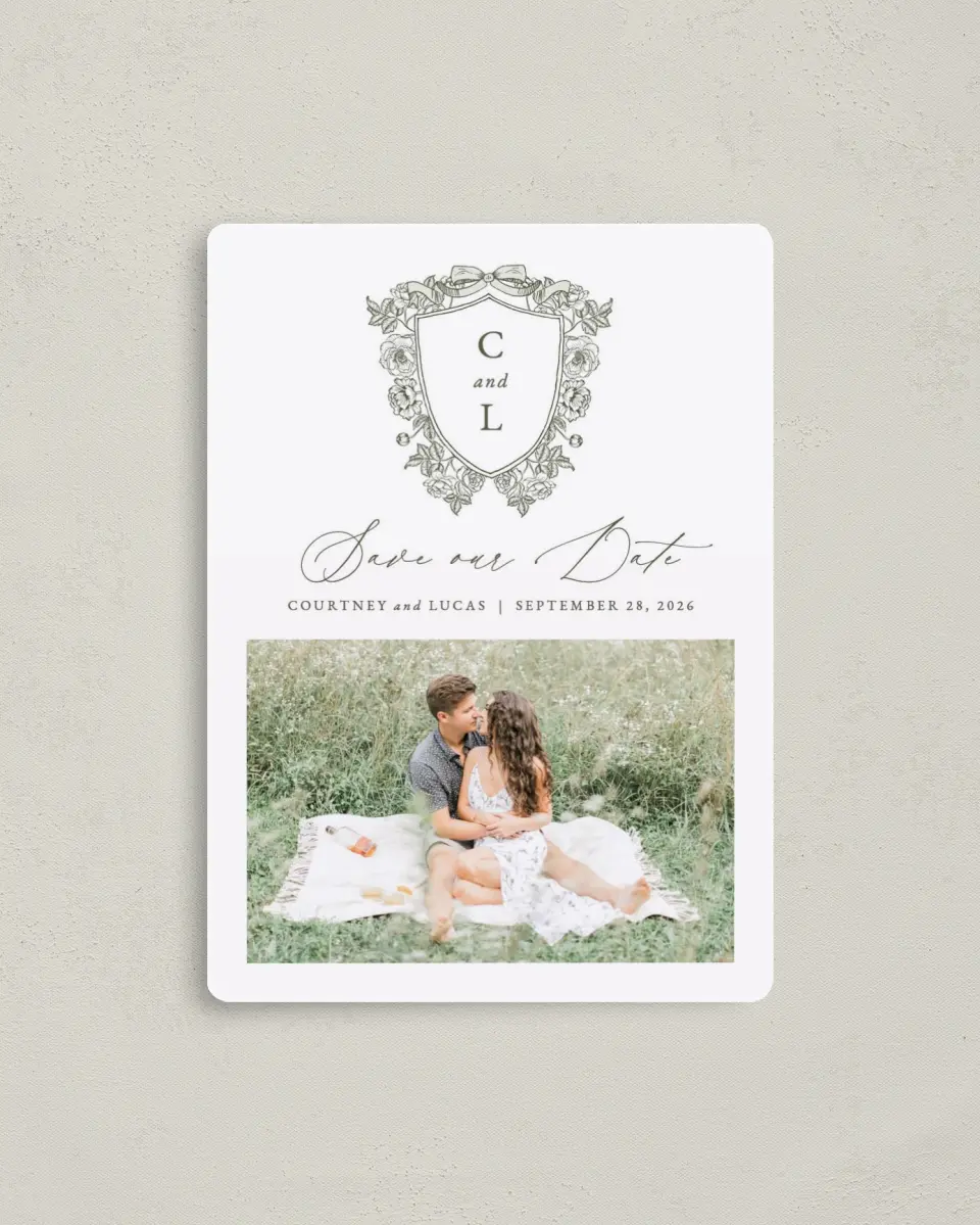 This is a 4" x 5½" Save the Date Magnet called Elegant Crest printed in full color with a Luxe Satin finish