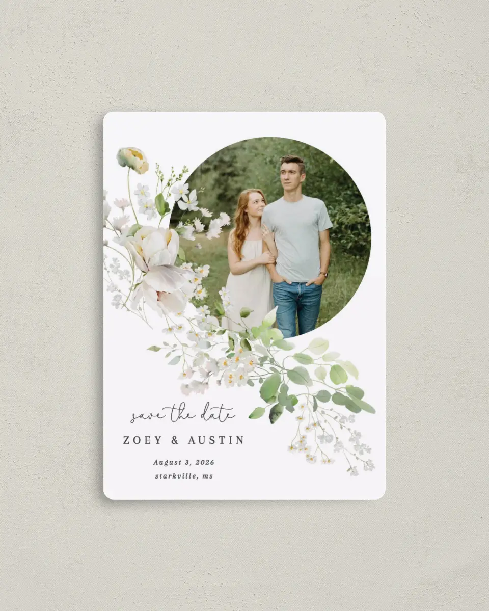 This is a 4" x 5½" Save the Date Magnet called The Zoey printed in full color with a Luxe Satin finish