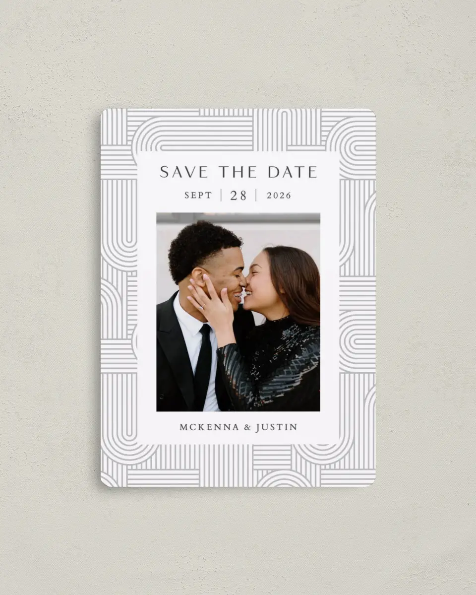 This is a 4" x 5½" Save the Date Magnet called Geometric Elegance printed in full color with a Luxe Satin finish