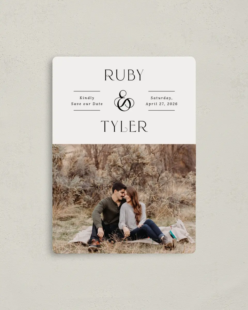 This is a 4" x 5½" Save the Date Magnet called The Ruby printed in full color with a Luxe Satin finish