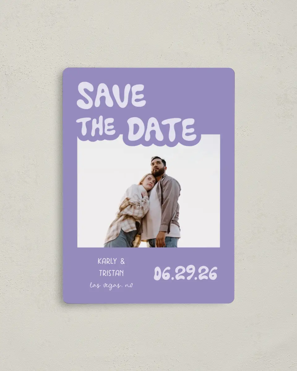 This is a 4" x 5½" Save the Date Magnet called The Karly printed in full color with Rose Gold foil and a Luxe Satin finish