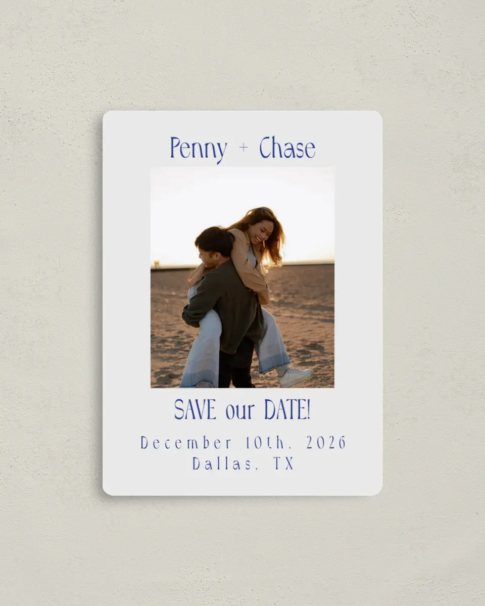 This is a 4" x 5½" Save the Date Magnet called Retro Love printed in full color with a Luxe Satin finish