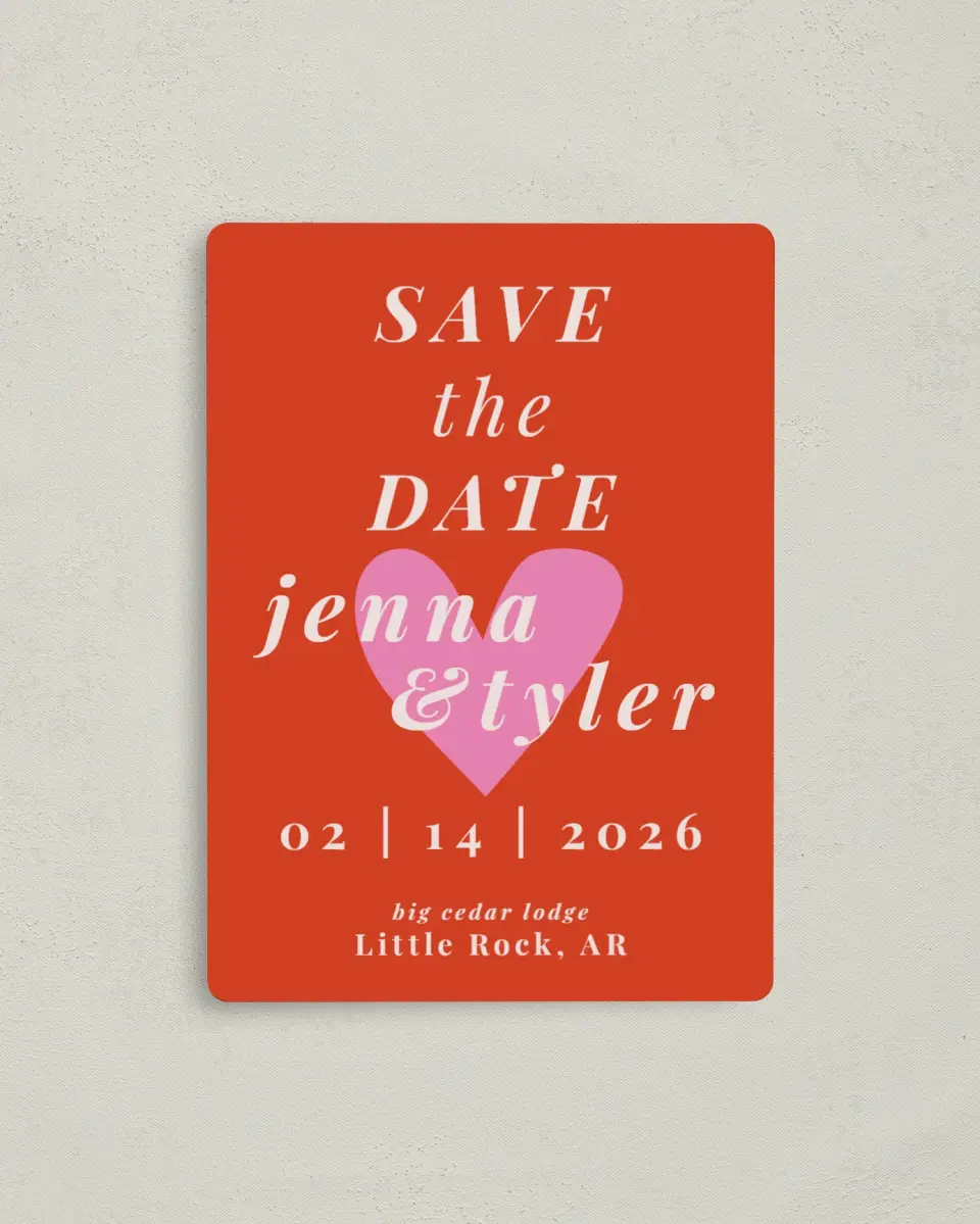 This is a 4" x 5½" Save the Date Magnet called Heart Eyes for You printed in full color with a Luxe Satin finish