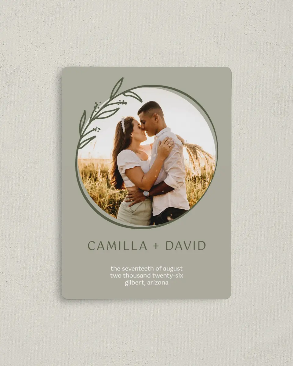 This is a 4" x 5½" Save the Date Magnet called Growing to Blossom printed in full color with a Luxe Satin finish