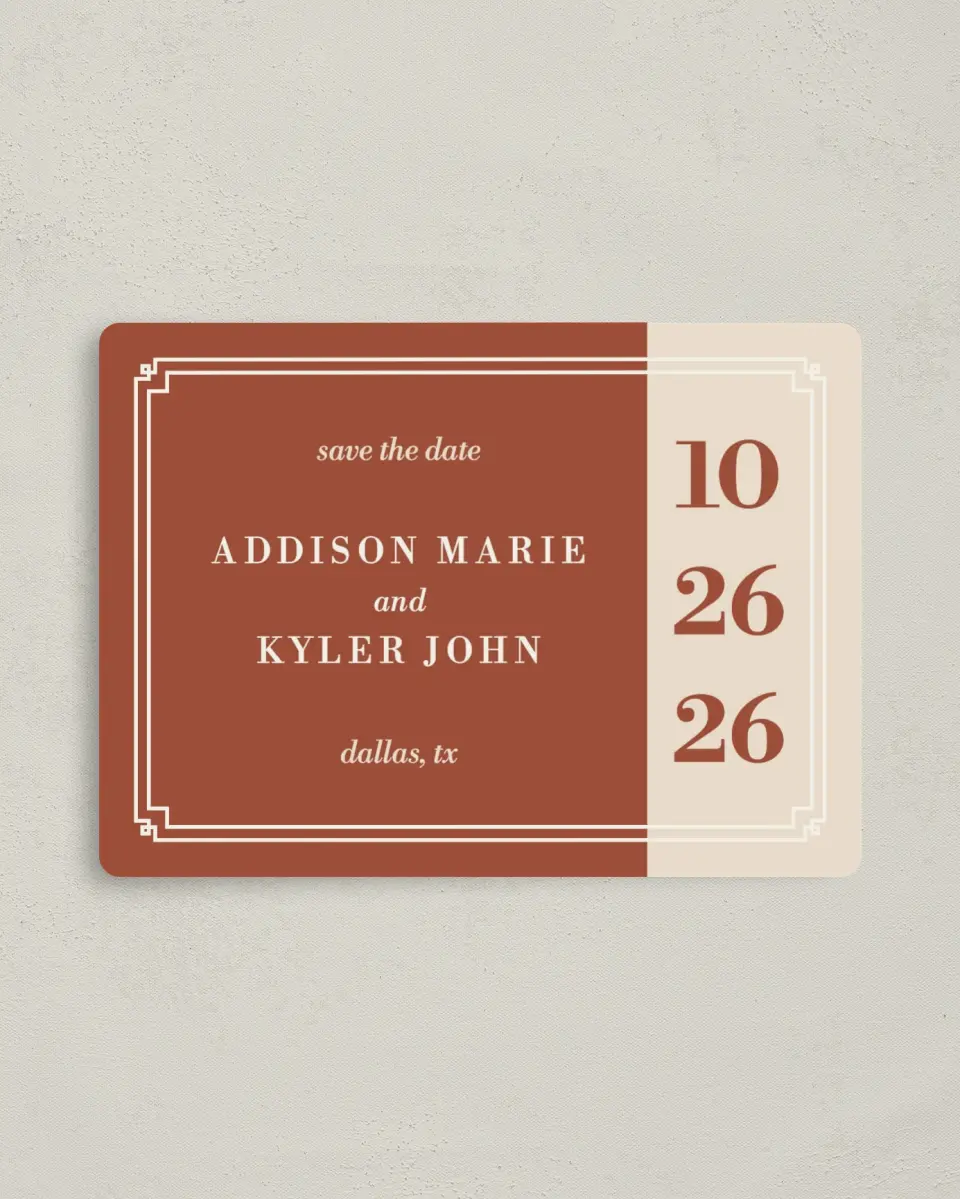 This is a 4" x 5½" Save the Date Magnet called Golden Love printed in full color with a Luxe Satin finish