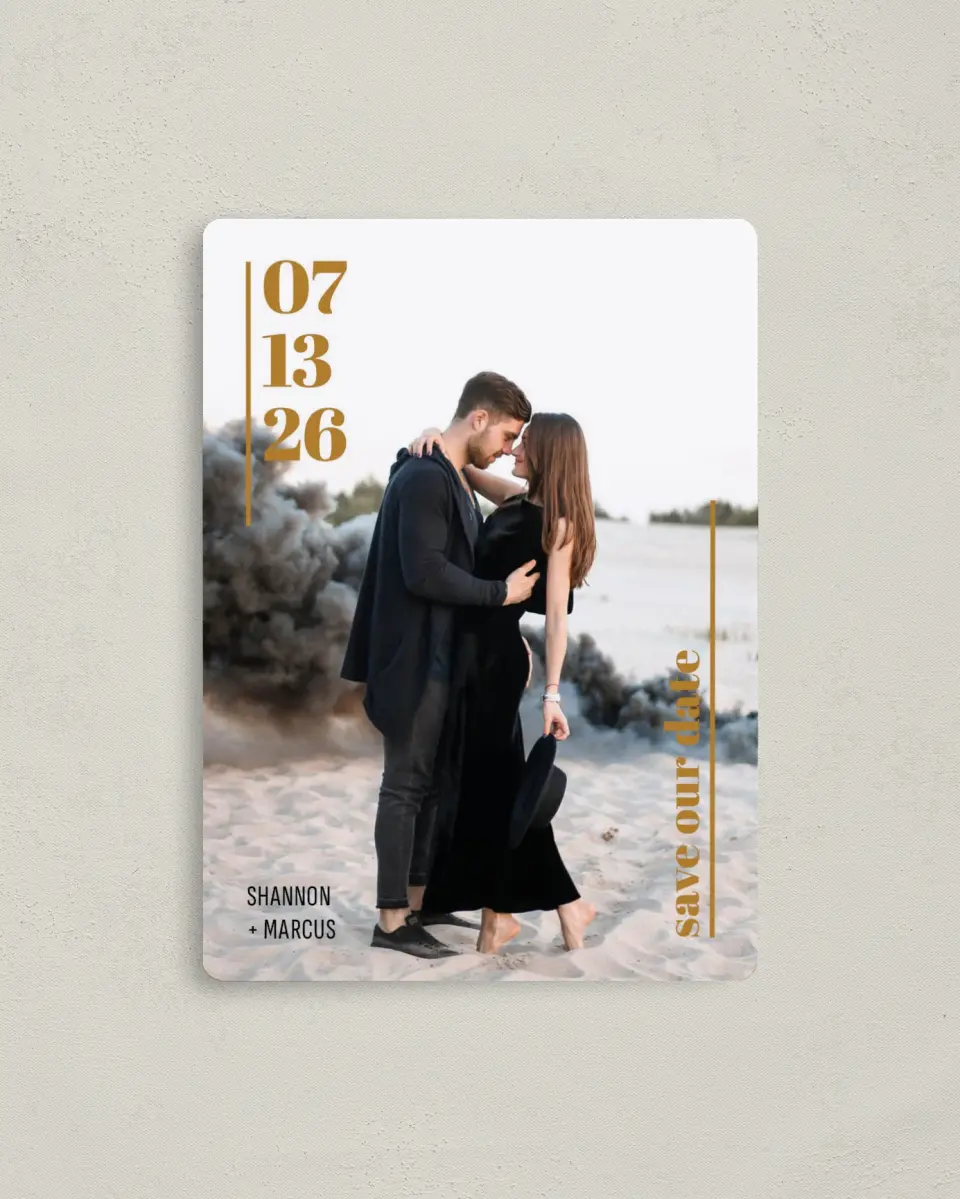 This is a 4" x 5½" Save the Date Magnet called The 1 printed in full color with a Luxe Satin finish