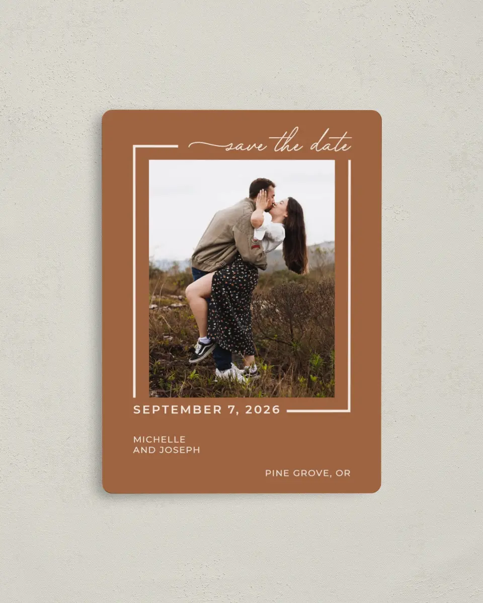 This is a 4" x 5½" Save the Date Magnet called Kisses & Wishes printed in full color with a Luxe Satin finish