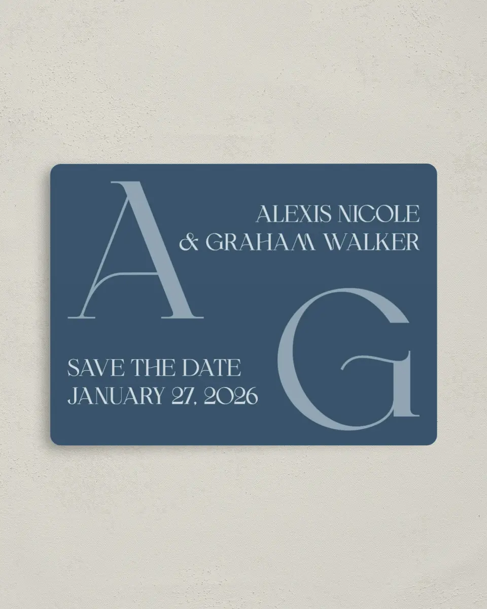 This is a 4" x 5½" Save the Date Magnet called Love Letters printed in full color with a Luxe Satin finish