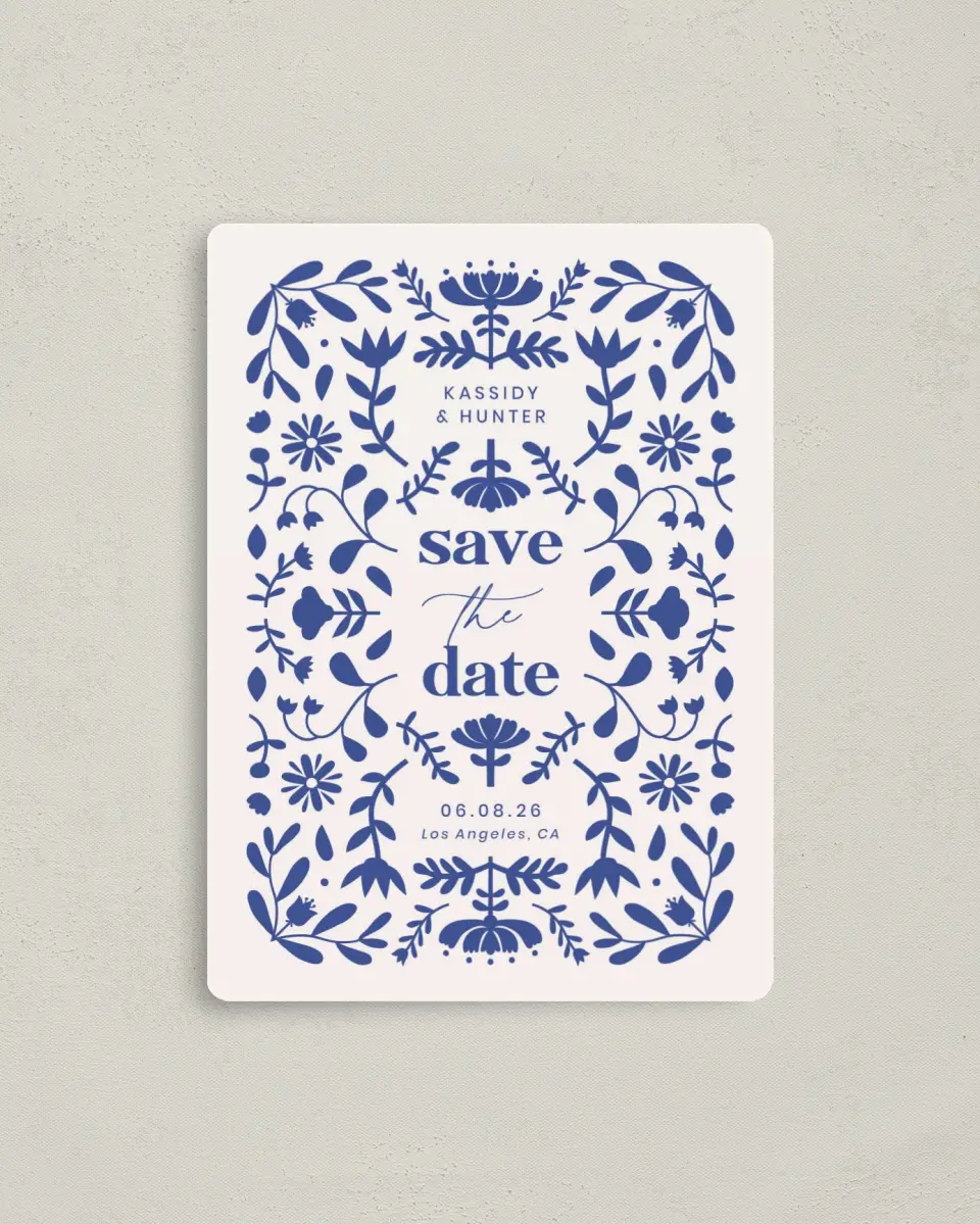 This is a 4" x 5½" Save the Date Magnet called The Kassidy printed in full color with a Luxe Satin finish