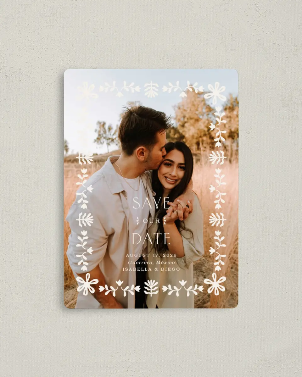 This is a 4" x 5½" Save the Date Magnet called Folk Fiesta printed in full color with a Luxe Satin finish