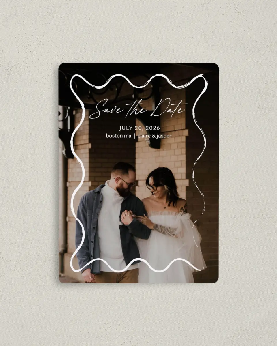 This is a 4" x 5½" Save the Date Magnet called Romantic Sketch printed in full color with a Luxe Satin finish