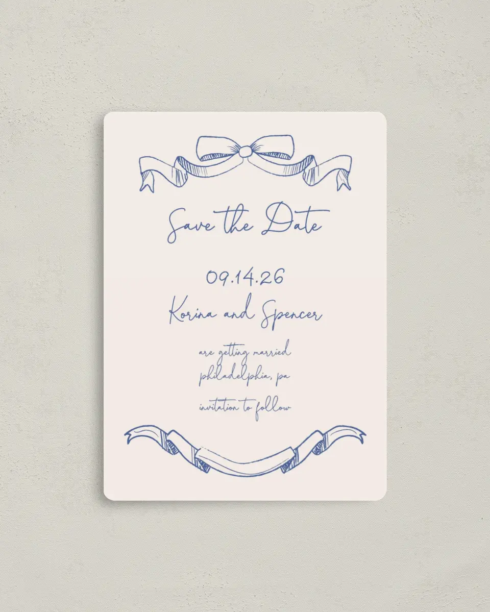 This is a 4" x 5½" Save the Date Magnet called Sketched Bow printed in full color with a Luxe Satin finish