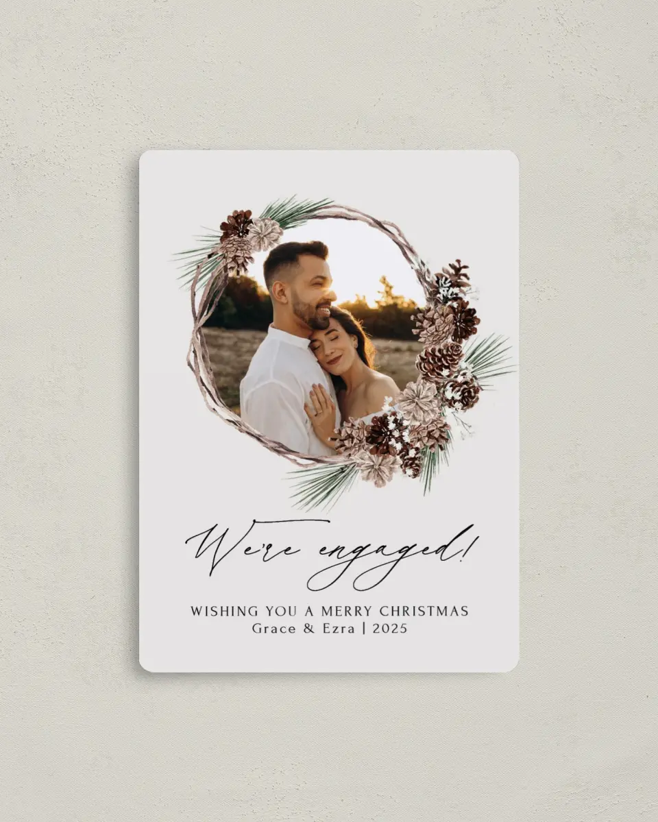 This is a 4" x 5½" Christmas Card called Festive Blessings printed in full color with Rose Gold foil and a Luxe Satin finish