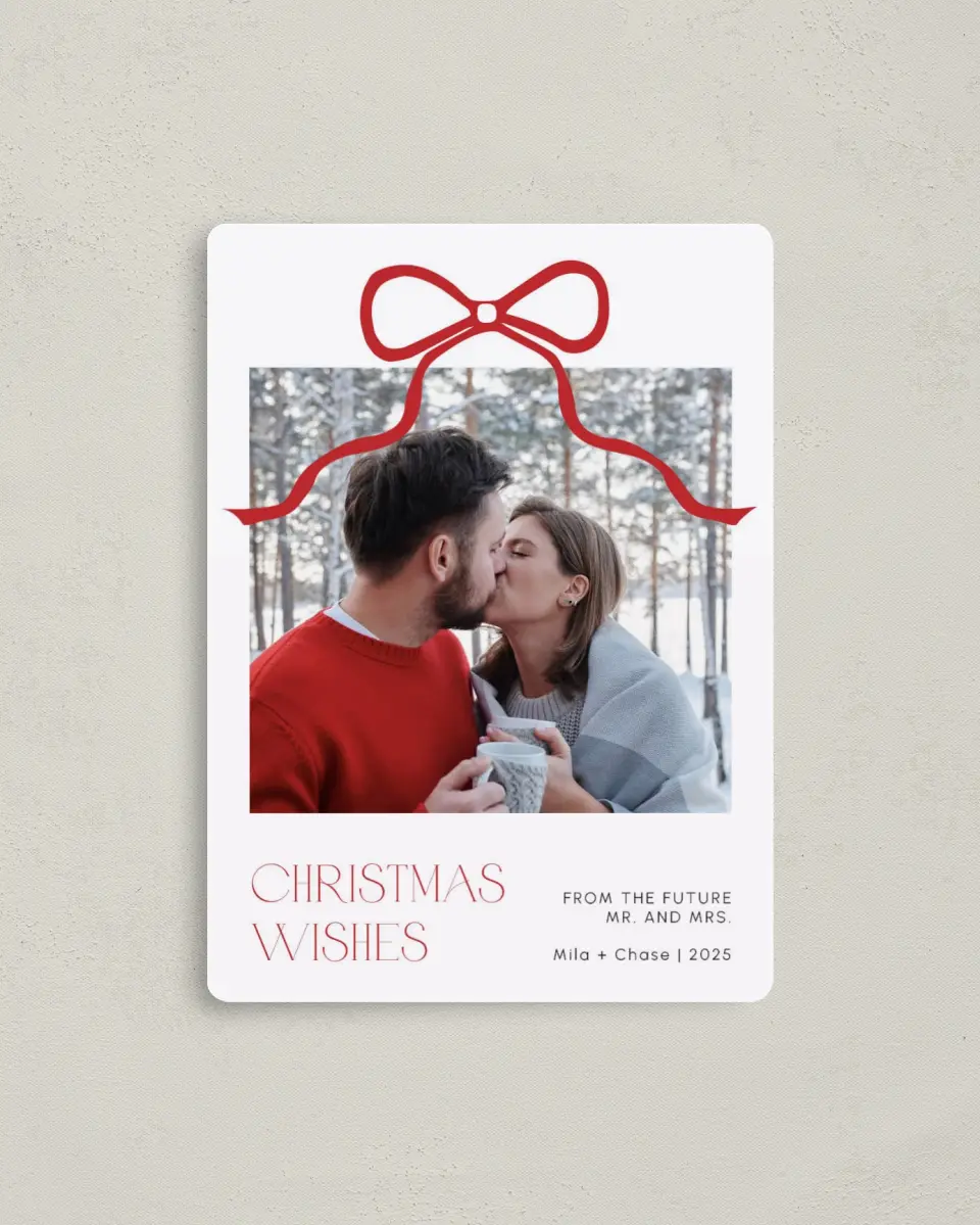 This is a 4" x 5½" Christmas Card called Winter Ribbon Romance printed in full color with Gold foil and a Luxe Satin finish