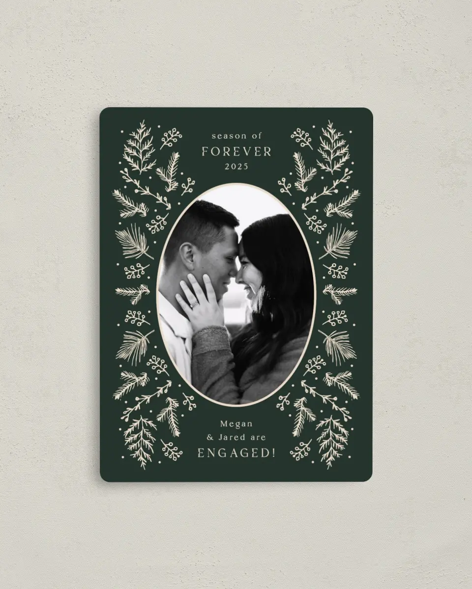This is a 4" x 5½" Christmas Card called Forever Falling in Love printed in full color with Gold foil and a Luxe Satin finish