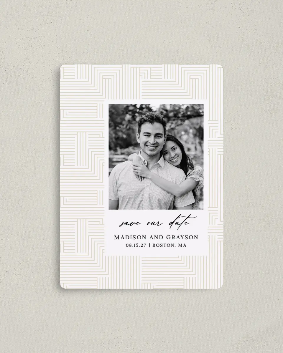 This is a 4" x 5½" Save the Date Magnet called Love Maze printed in full color with Gold foil and a Luxe Satin finish