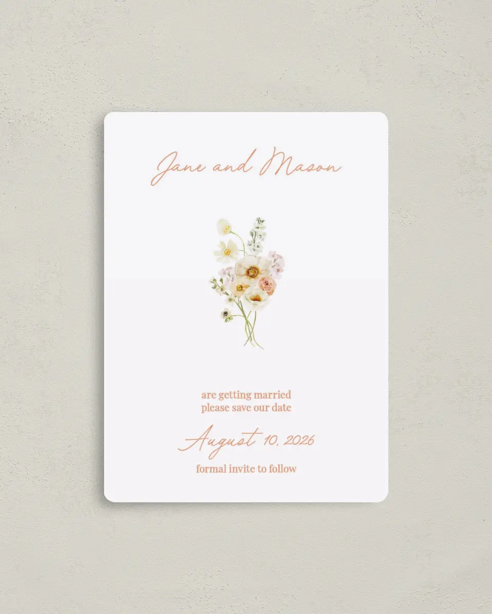 This is a 4" x 5½" Save the Date Magnet called Warm Wildflowers printed in full color with a Luxe Satin finish