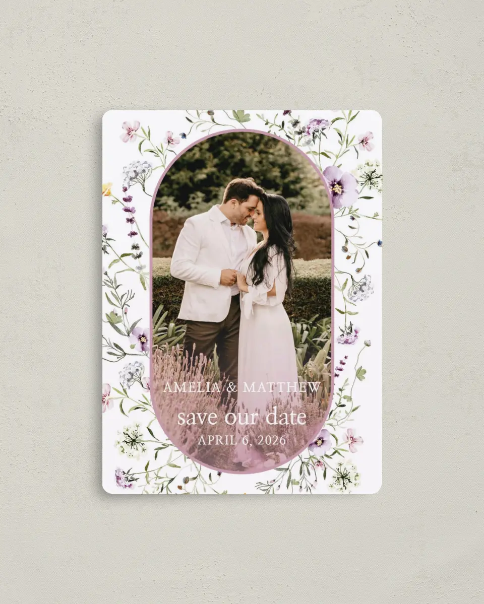 This is a 4" x 5½" Save the Date Magnet called Whimsy Fairytale printed in full color with a Luxe Satin finish