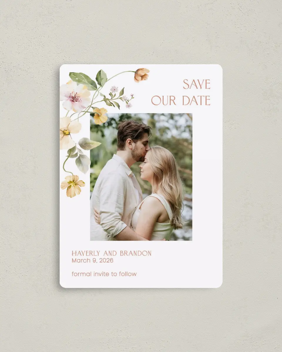 This is a 4" x 5½" Save the Date Magnet called Delicate Garden printed in full color with a Luxe Satin finish