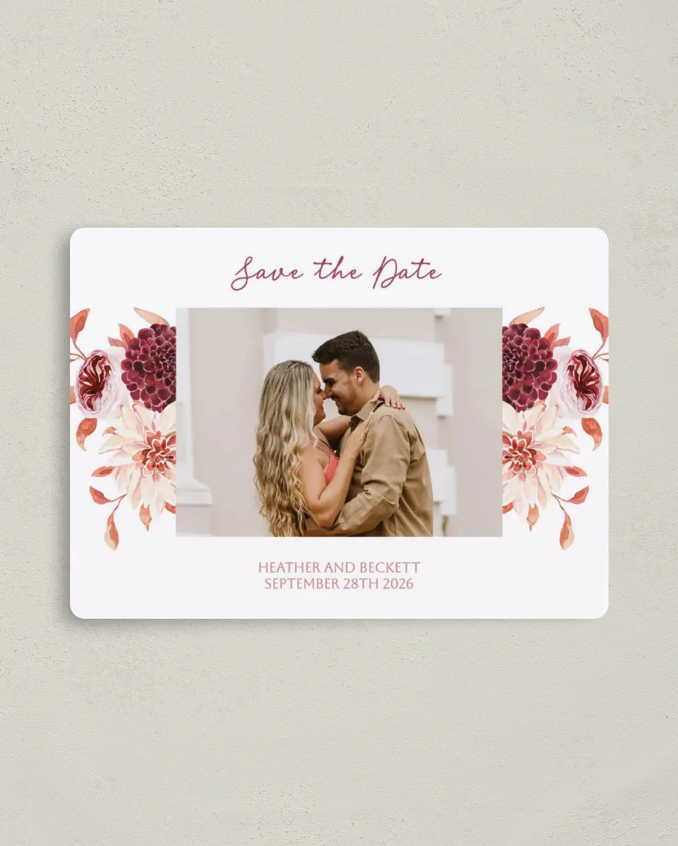 This is a 4" x 5½" Save the Date Magnet called Mauvelous printed in full color with a Luxe Satin finish