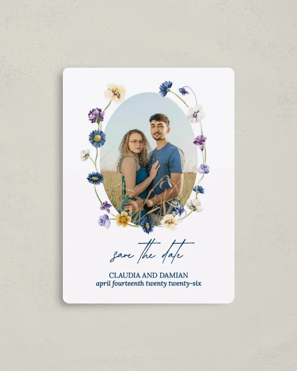 This is a 4" x 5½" Save the Date Magnet called Wildest Dream printed in full color with a Luxe Satin finish