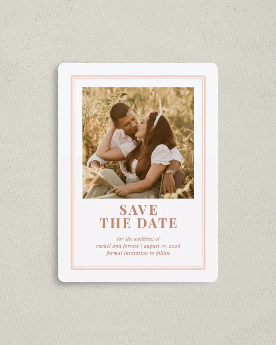 This is a 4" x 5½" Save the Date Magnet called Gorgeous Blush printed in full color with a Luxe Satin finish