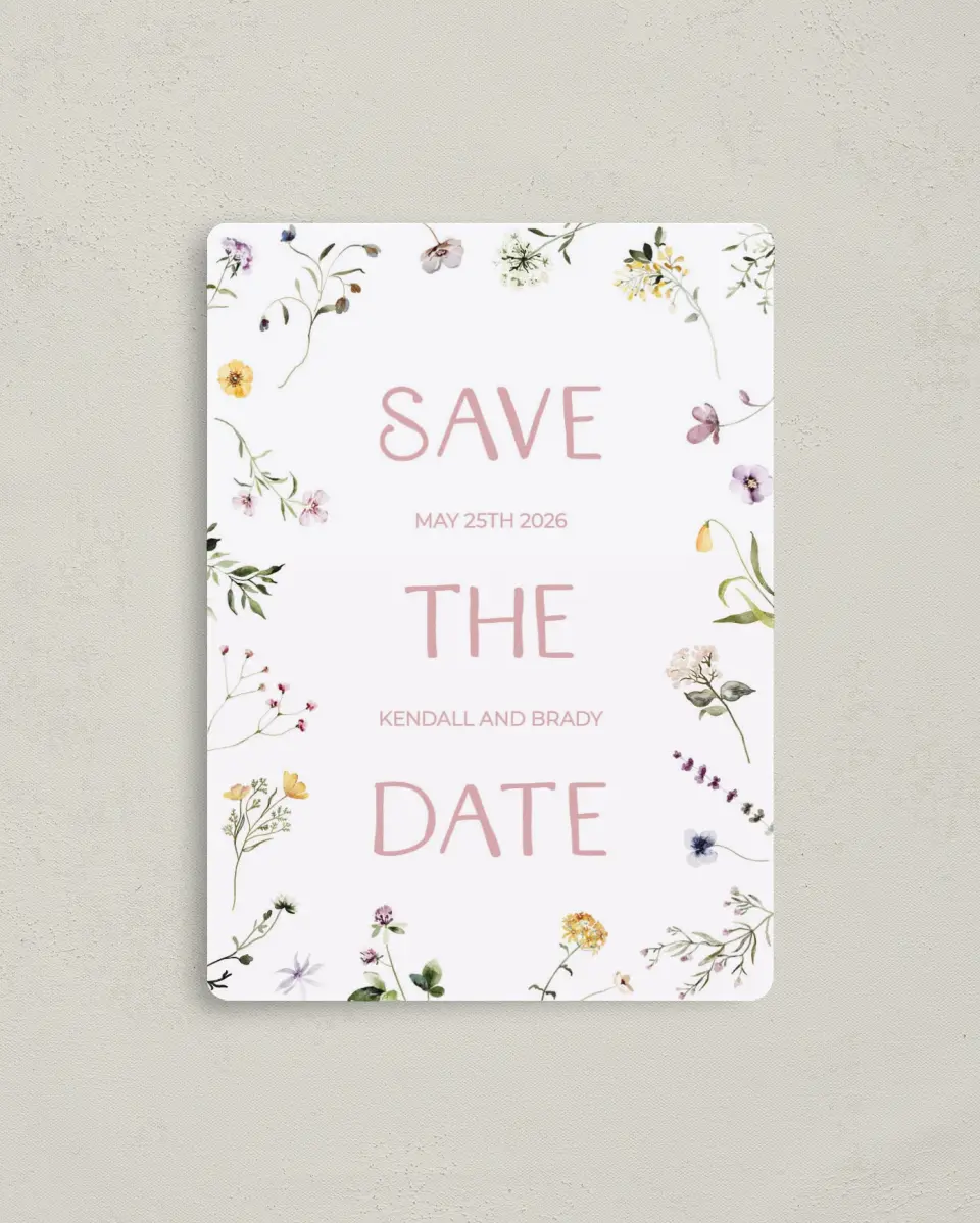 This is a 4" x 5½" Save the Date Magnet called Efflorescence printed in full color with a Luxe Satin finish