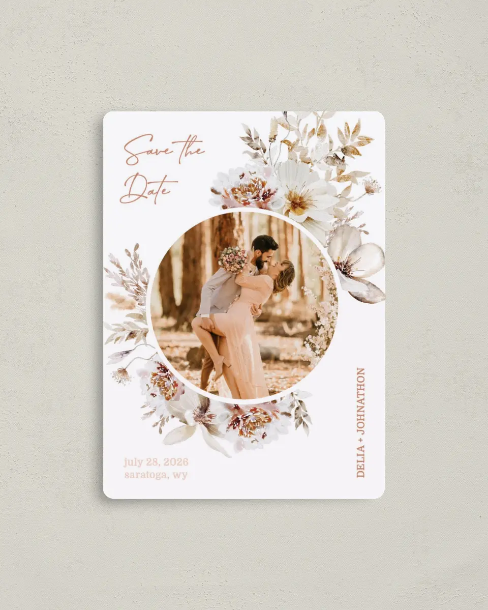This is a 4" x 5½" Save the Date Magnet called Petal Perfect printed in full color with a Luxe Satin finish