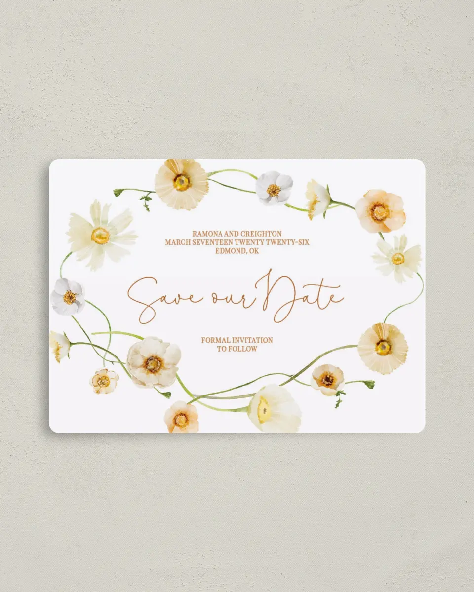 This is a 4" x 5½" Save the Date Magnet called Sultry Sunshine printed in full color with a Luxe Satin finish