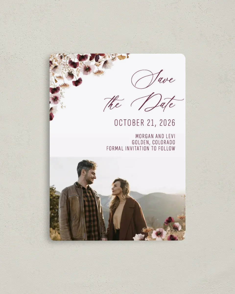 This is a 4" x 5½" Save the Date Magnet called Harvest Meadows printed in full color with a Luxe Satin finish