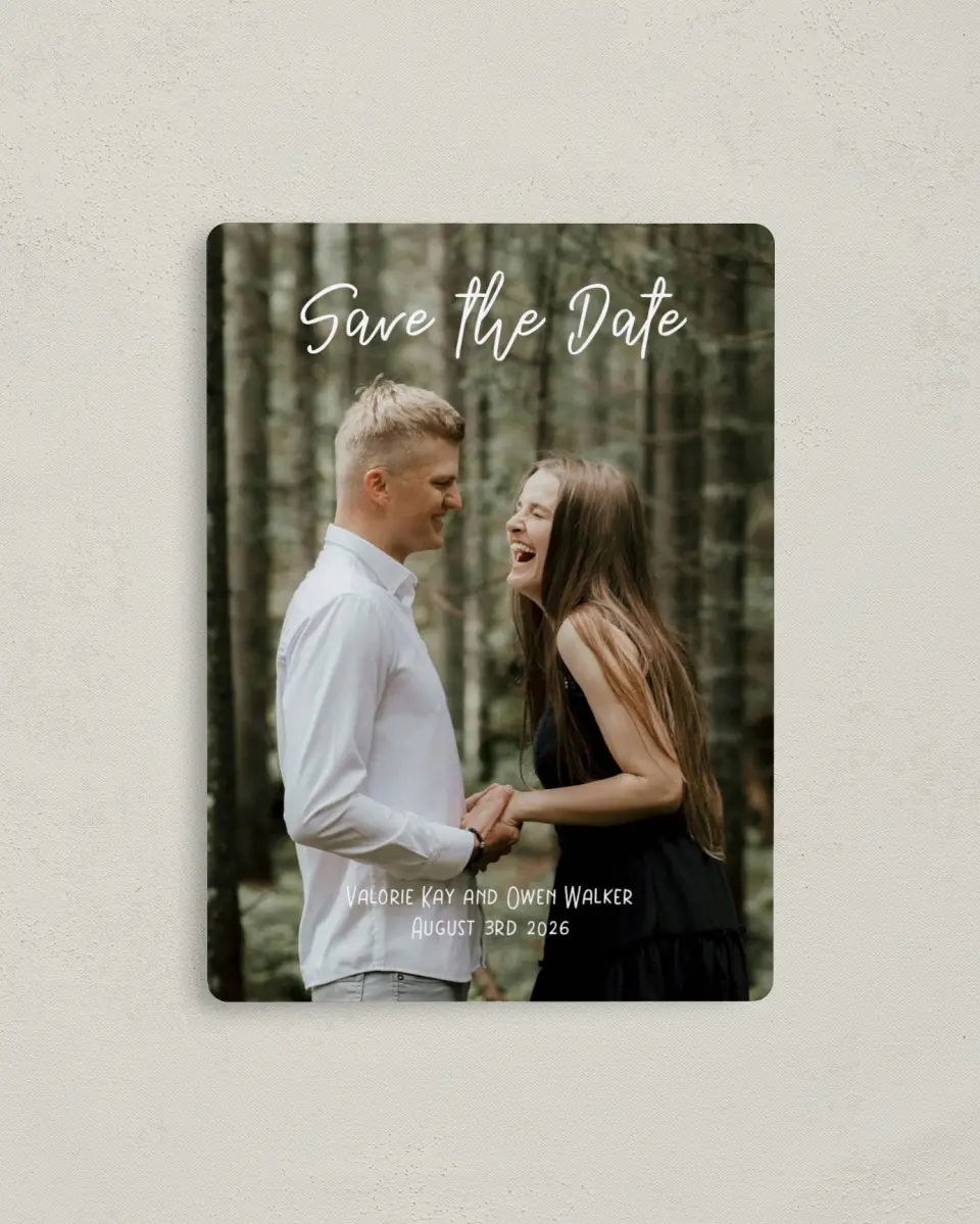 This is a 4" x 5½" Save the Date Magnet called Hopeful Floral printed in full color with a Luxe Satin finish