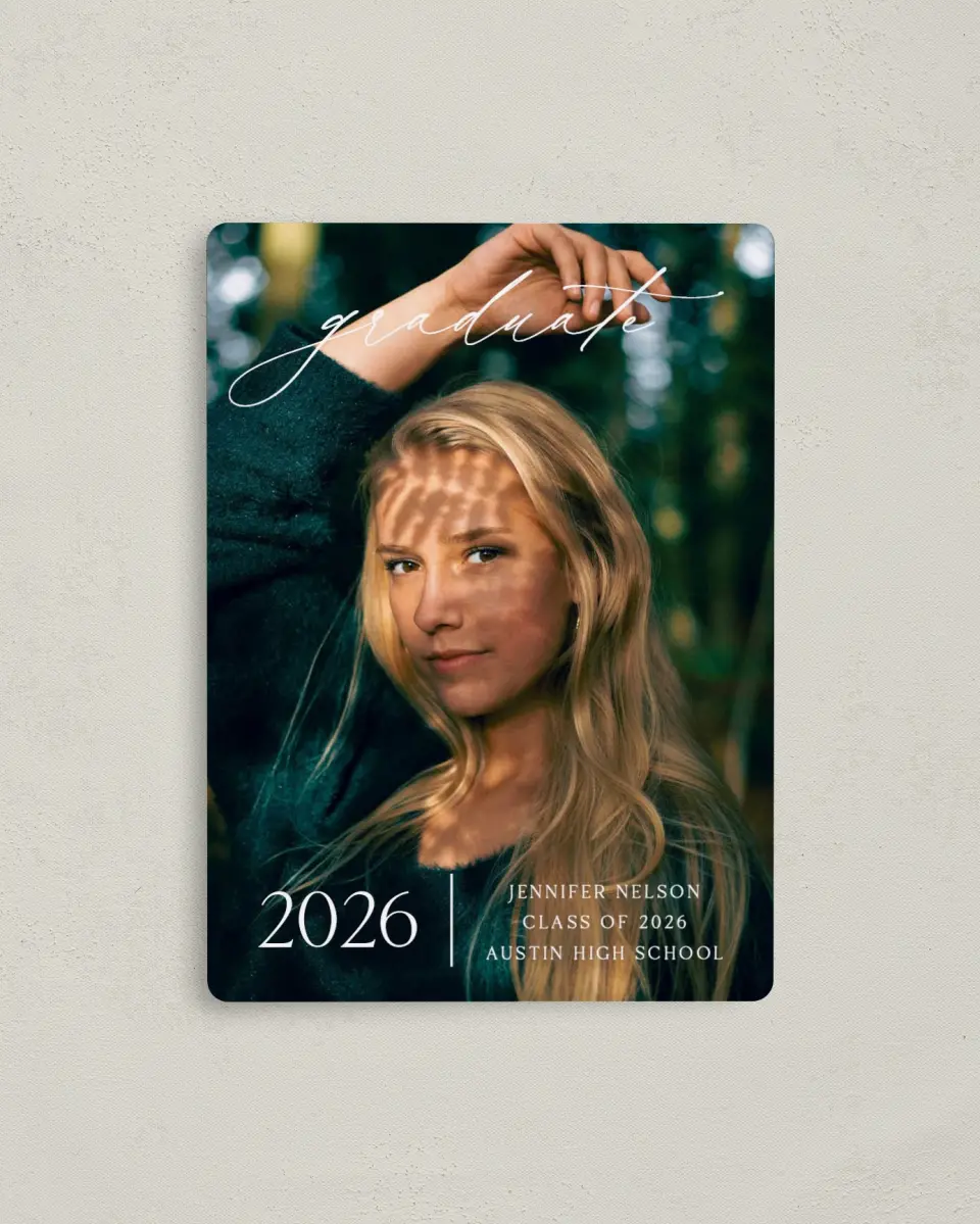 This is a 4" x 5½" Graduation Announcement Magnet called Stunning Senior printed in full color with a Luxe Satin finish