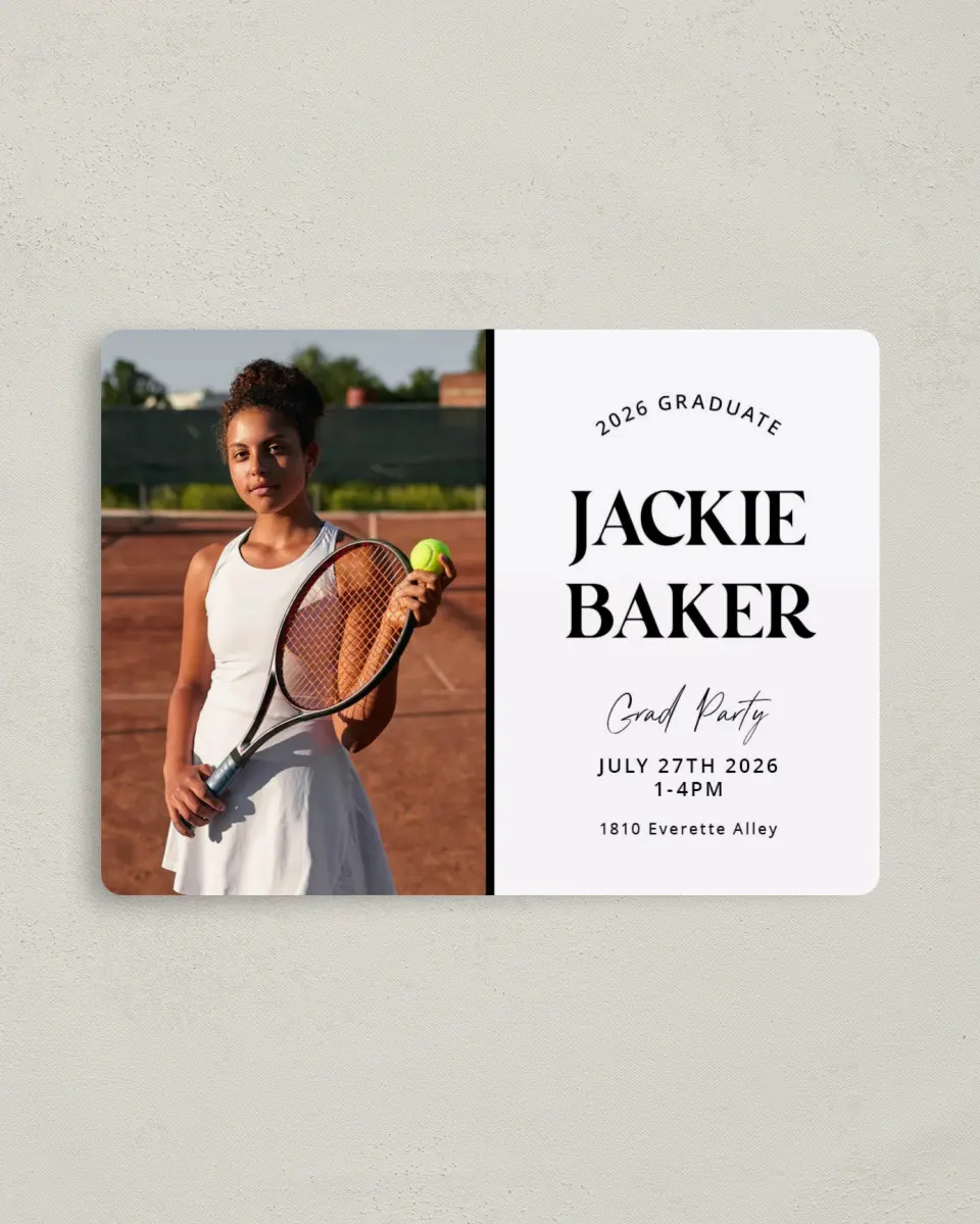 This is a 4" x 5½" Graduation Announcement Magnet called Class Confidence printed in full color with a Luxe Satin finish