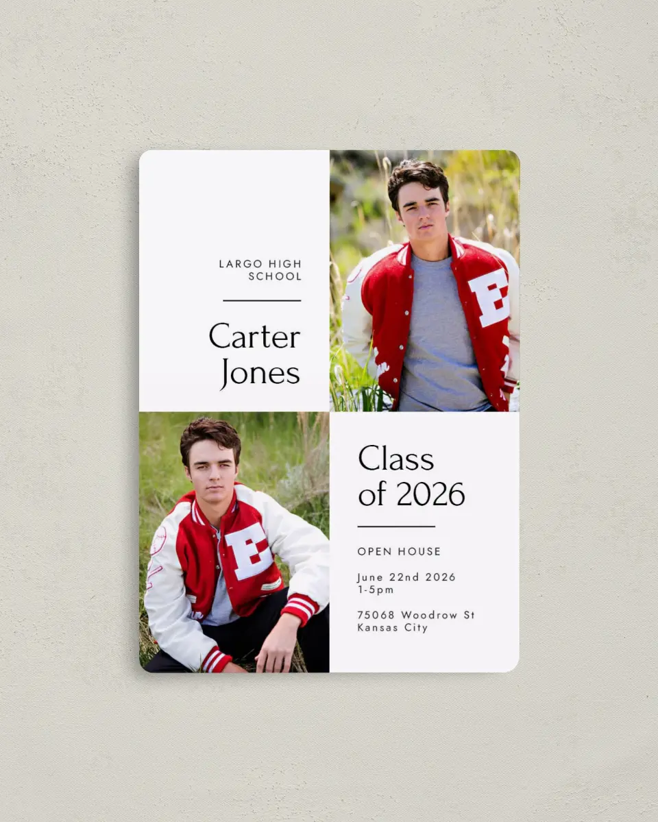 This is a 4" x 5½" Graduation Announcement Magnet called Simple Grid Grad printed in full color with a Luxe Satin finish