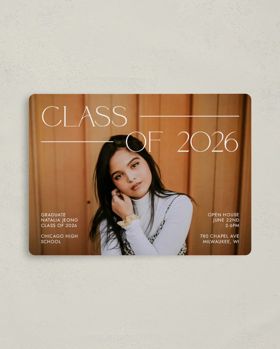 This is a 4" x 5½" Graduation Announcement Magnet called All Eyes On Me printed in full color with a Luxe Satin finish