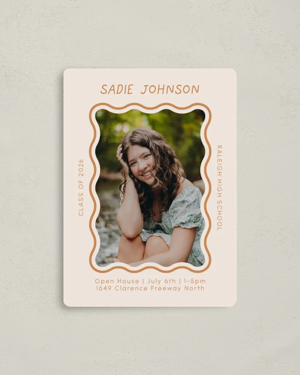 This is a 4" x 5½" Graduation Announcement Magnet called Wavy Frame Fun printed in full color with Gold foil and a Luxe Satin finish