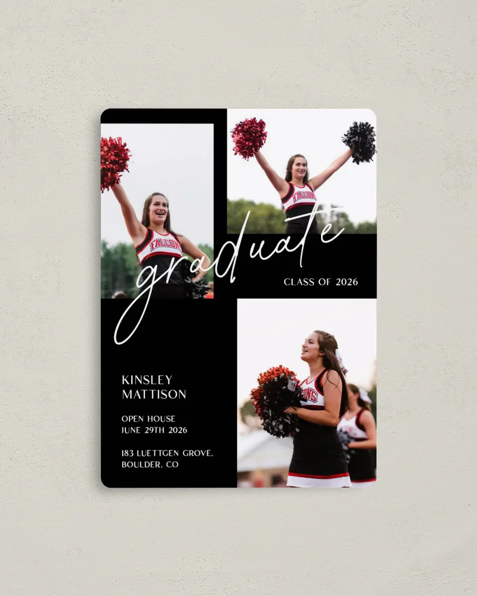 This is a 4" x 5½" Graduation Announcement Magnet called A New Chapter printed in full color with a Luxe Satin finish