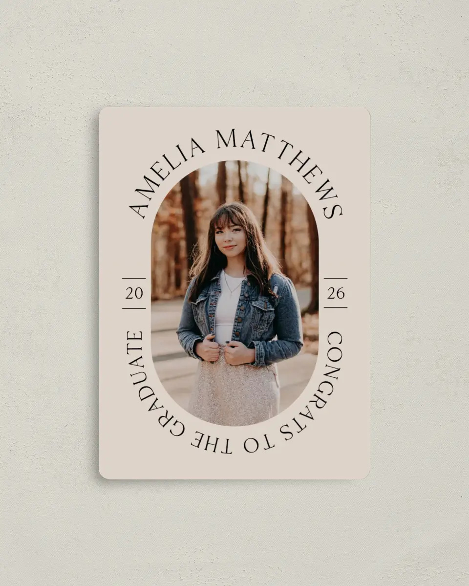 This is a 4" x 5½" Graduation Announcement Magnet called Time To Shine printed in full color with a Luxe Satin finish