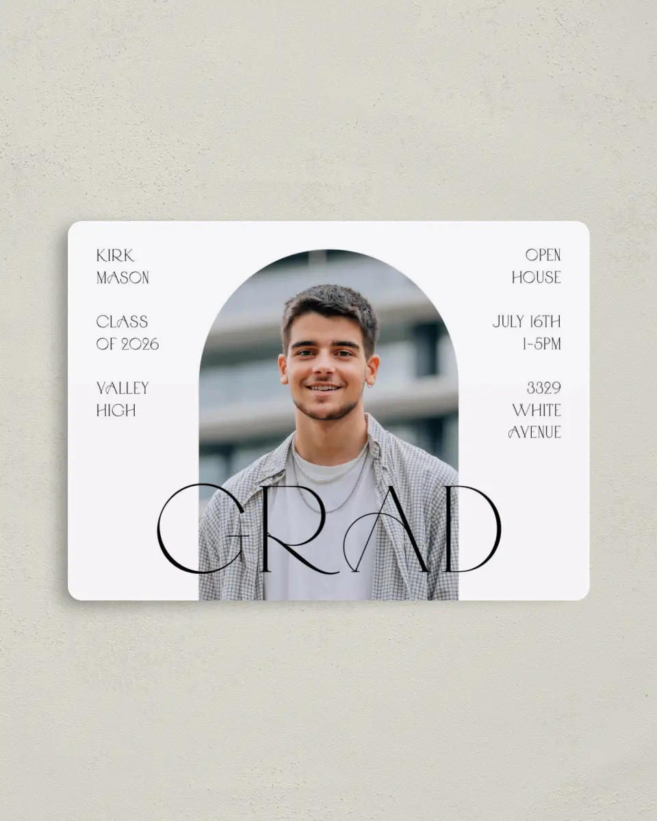 This is a 4" x 5½" Graduation Announcement Magnet called Milestones and Memories printed in full color with a Luxe Satin finish