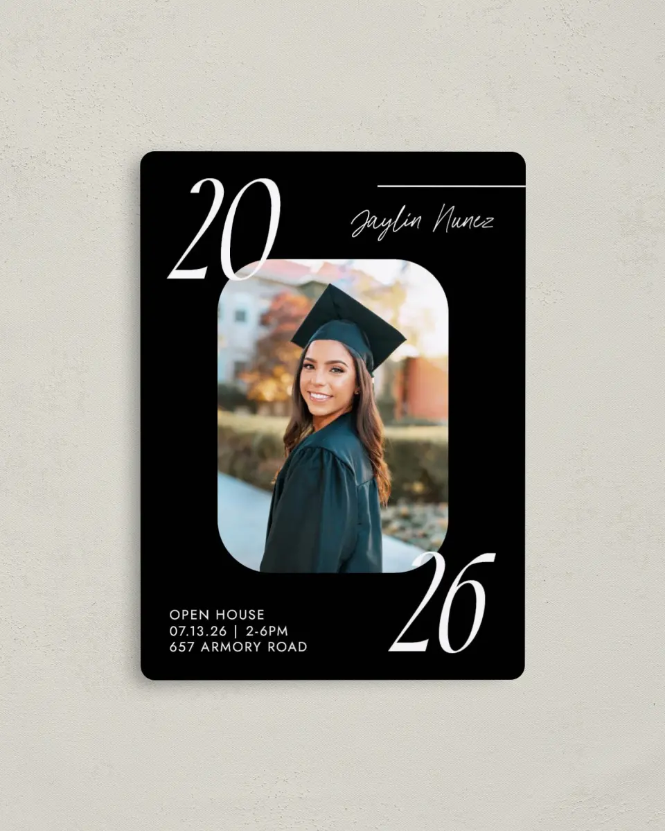 This is a 4" x 5½" Graduation Announcement Magnet called Your Year! printed in full color with Gold foil and a Luxe Satin finish