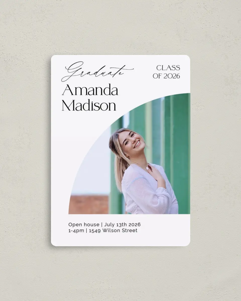This is a 4" x 5½" Graduation Announcement Magnet called Growing and Glowing printed in full color with Gold foil and a Luxe Satin finish
