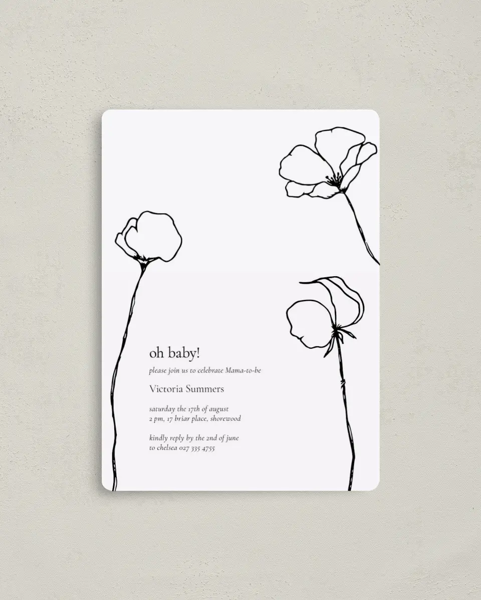 This is a 4" x 5½" Baby Shower Invitation Magnet called Budding Poppies printed in full color with a Luxe Satin finish