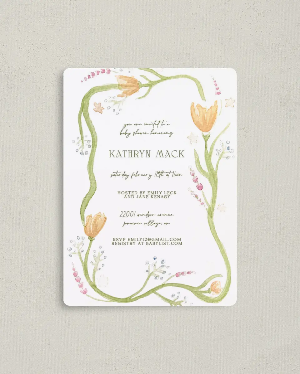 This is a 4" x 5½" Baby Shower Invitation Magnet called Frilly Florals printed in full color with a Luxe Satin finish