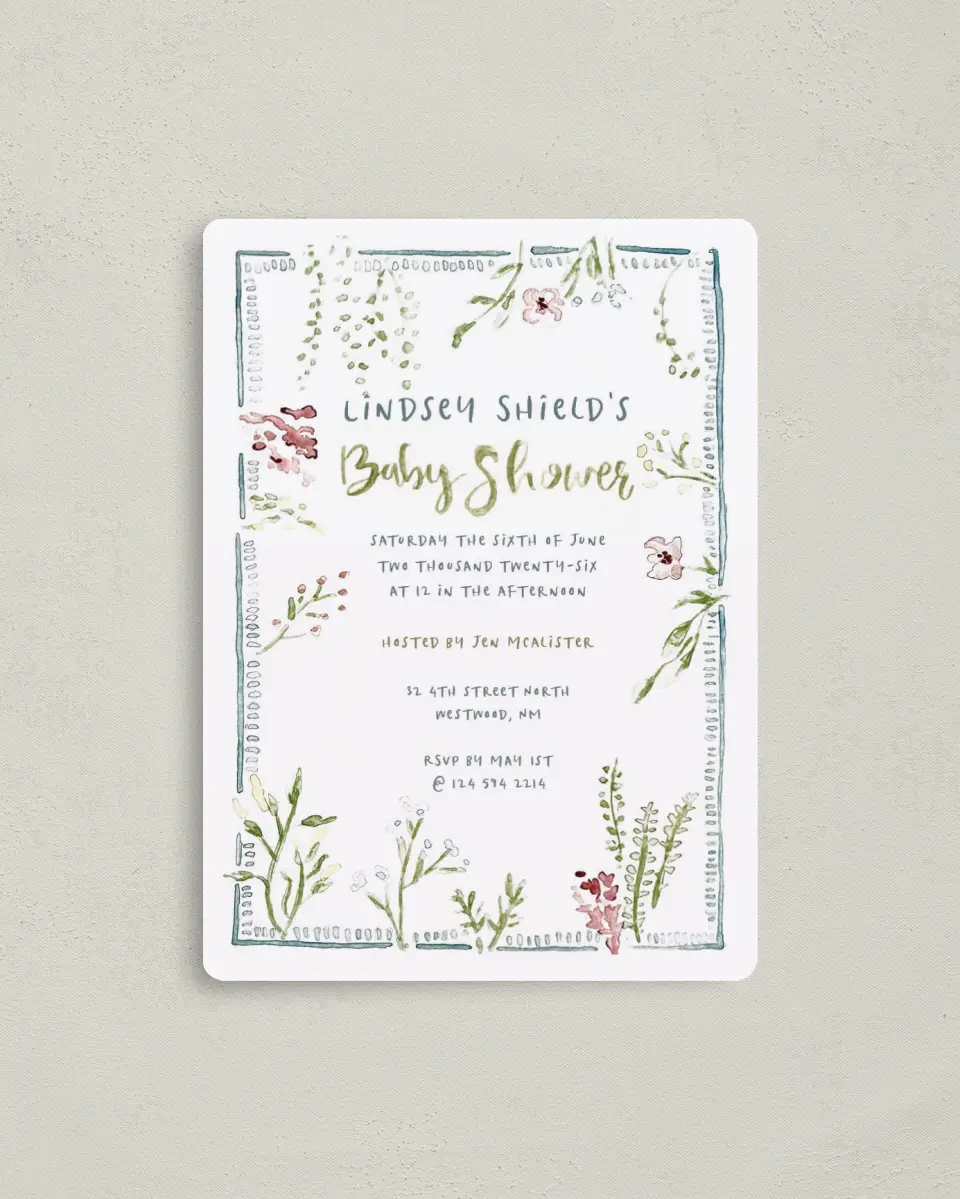 This is a 4" x 5½" Baby Shower Invitation Magnet called Picking New Petals printed in full color with a Luxe Satin finish