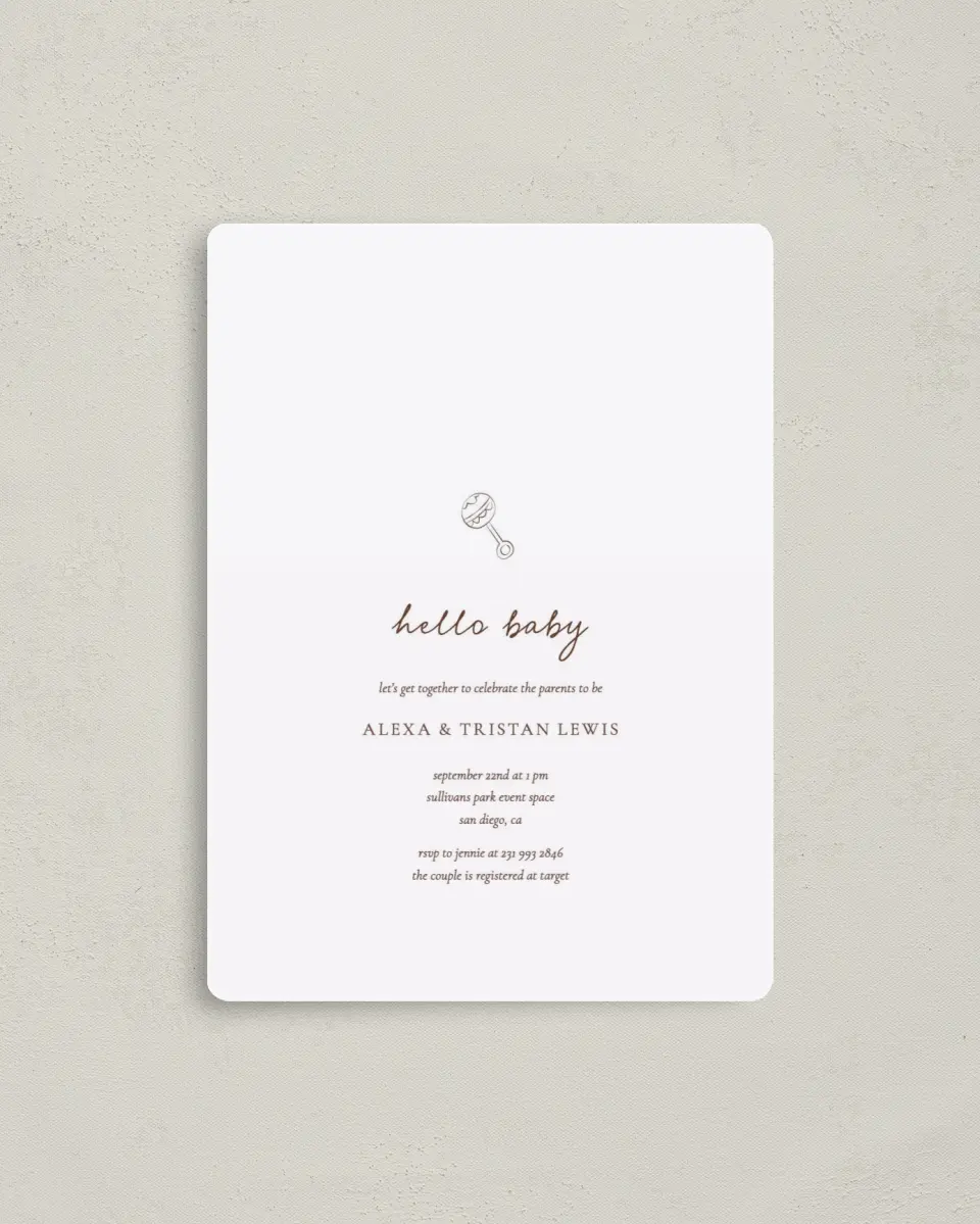 This is a 4" x 5½" Baby Shower Invitation Magnet called Mini Me printed in full color with a Luxe Satin finish