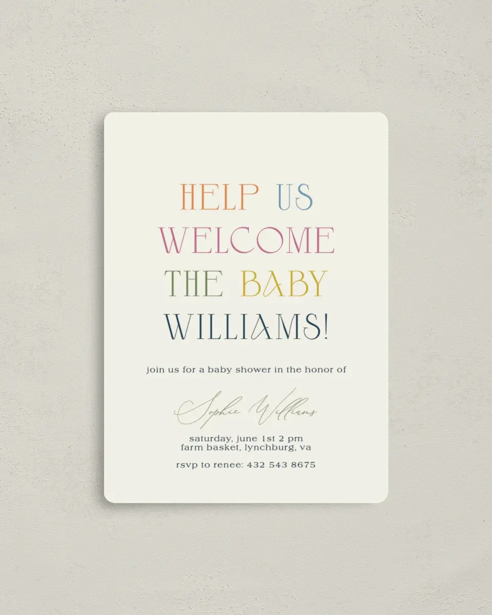 This is a 4" x 5½" Baby Shower Invitation Magnet called Warm Welcome printed in full color with a Luxe Satin finish
